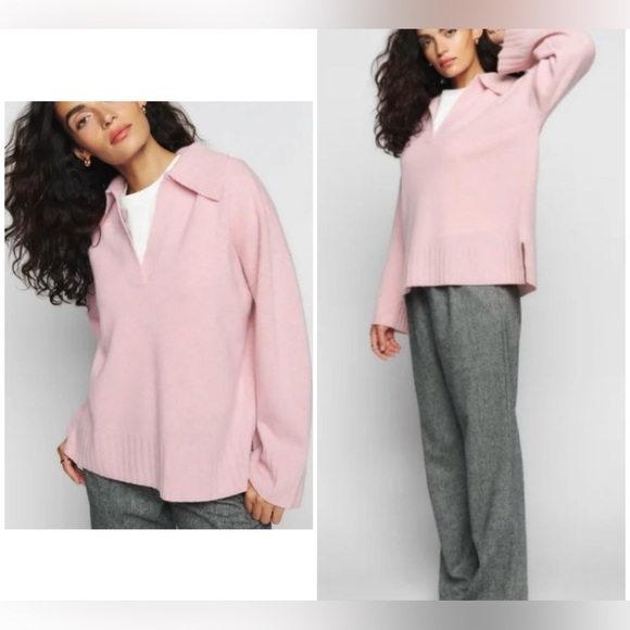 Reformation Sweaters - New! Reformation Otto Regenerative Wool Polo Sweater Soft Pink Sweater 🌸 XL